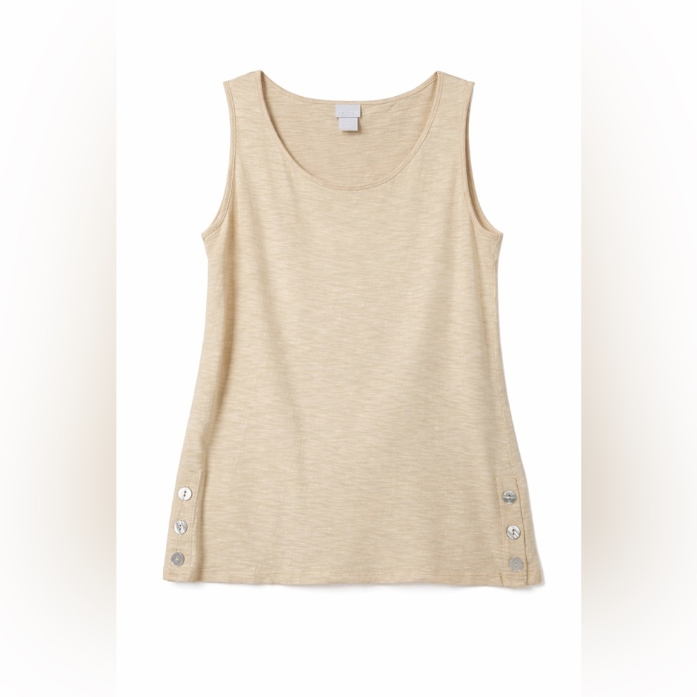 Chico’s Linen Blend Sleeveless Tank Top Button Hem Beige Slub Knit Size 0 (US S)